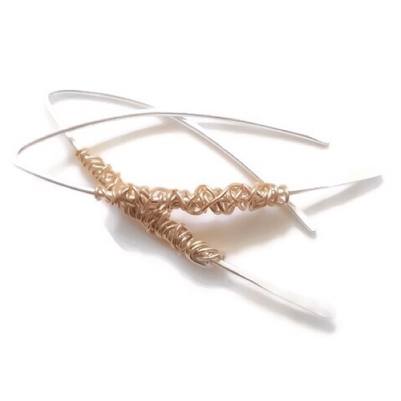 925 sterling silver wire wrapped in gold hooked on open hoop threader earrings - Picture 4 of 7